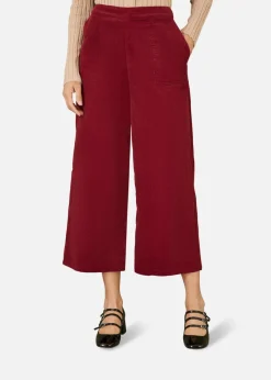 Yumi Burgundy Cord Cropped Wide Leg Trousers With Pockets