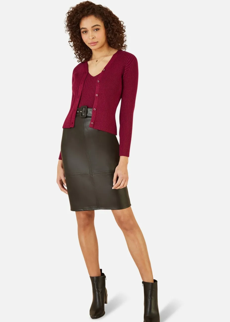 Yumi Burgundy Metallic Rib Knitted Cardigan