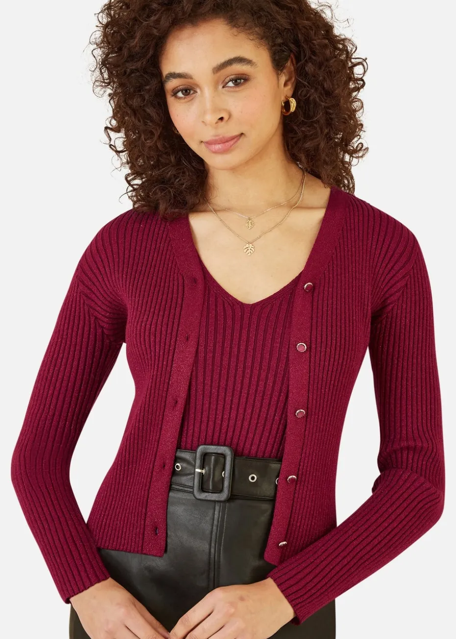 Yumi Burgundy Metallic Rib Knitted Cardigan