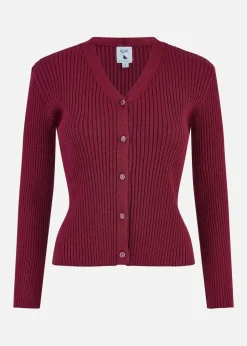 Yumi Burgundy Metallic Rib Knitted Cardigan