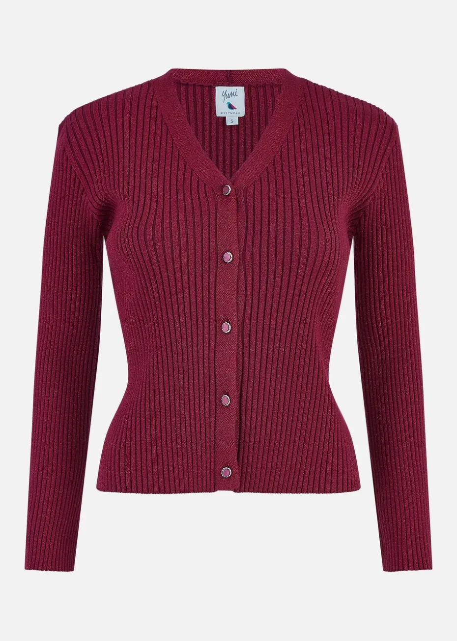 Yumi Burgundy Metallic Rib Knitted Cardigan