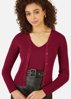 Yumi Burgundy Metallic Rib Knitted Cardigan