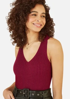 Yumi Burgundy Metallic Rib Knitted Vest Top