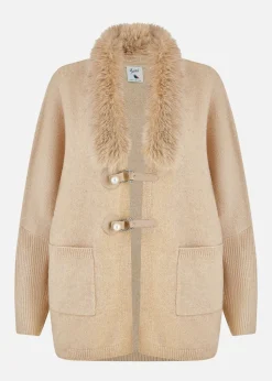 Yumi Camel Cardigan With Detachable Fur Collar Trim