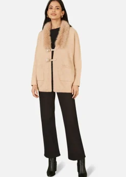 Yumi Camel Cardigan With Detachable Fur Collar Trim