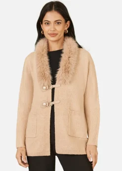 Yumi Camel Cardigan With Detachable Fur Collar Trim