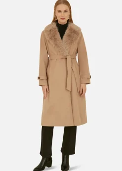 Yumi Camel Wrap Around Coat With Faux Fur Collar
