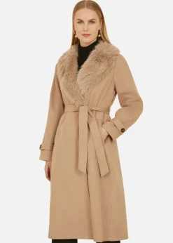 Yumi Camel Wrap Around Coat With Faux Fur Collar