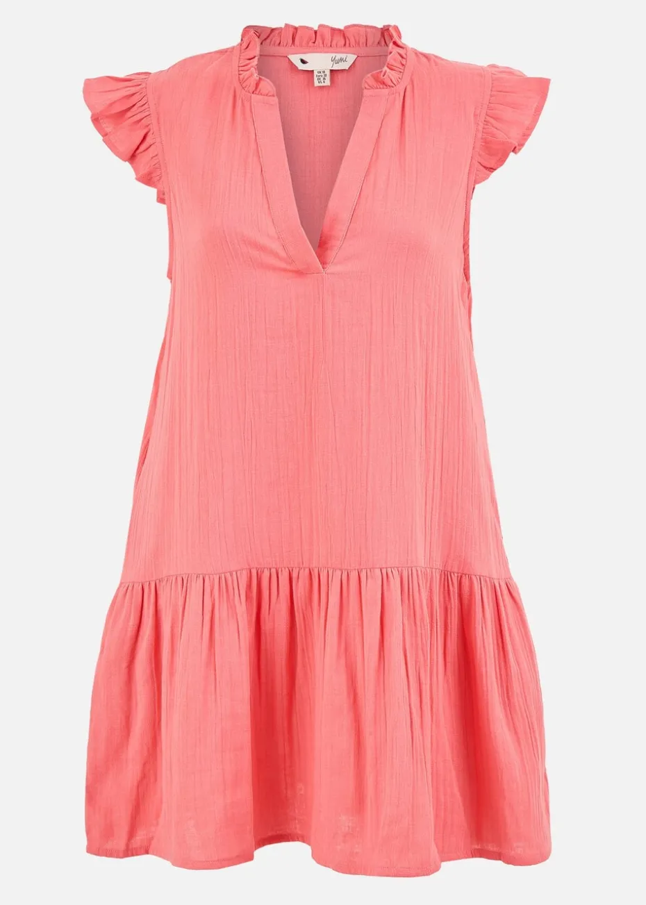 Yumi Coral Double Cotton Tunic With Frill Sleeves