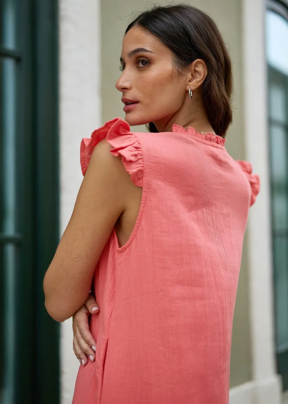 Yumi Coral Double Cotton Tunic With Frill Sleeves