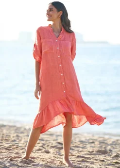 Yumi Coral Italian Linen Shirt Dress With Frill Hem