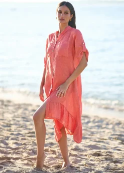 Yumi Coral Italian Linen Shirt Dress With Frill Hem