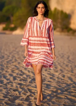 Yumi Coral Tencel Geo Stripe Print Beach Tunic