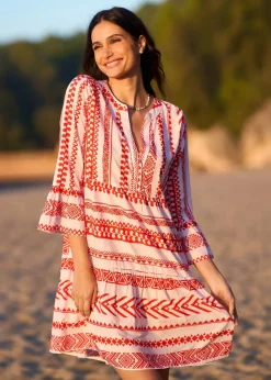 Yumi Coral Tencel Geo Stripe Print Beach Tunic