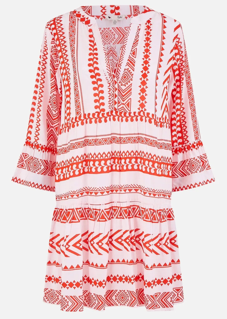 Yumi Coral Tencel Geo Stripe Print Beach Tunic