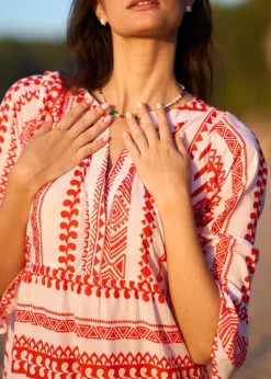Yumi Coral Tencel Geo Stripe Print Beach Tunic
