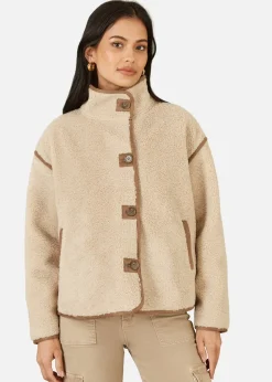 Yumi Cream Borg High Neck Jacket With Faux Leather Trims