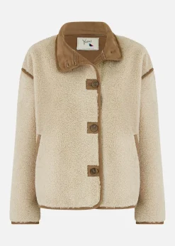 Yumi Cream Borg High Neck Jacket With Faux Leather Trims