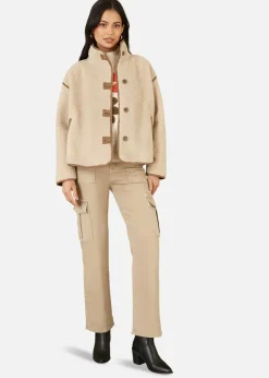 Yumi Cream Borg High Neck Jacket With Faux Leather Trims