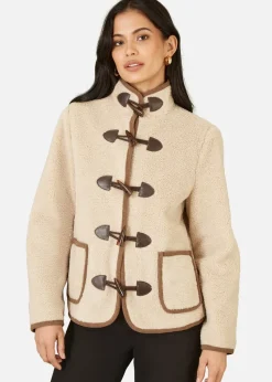 Yumi Cream Borg Jacket With Faux Leather Button Details