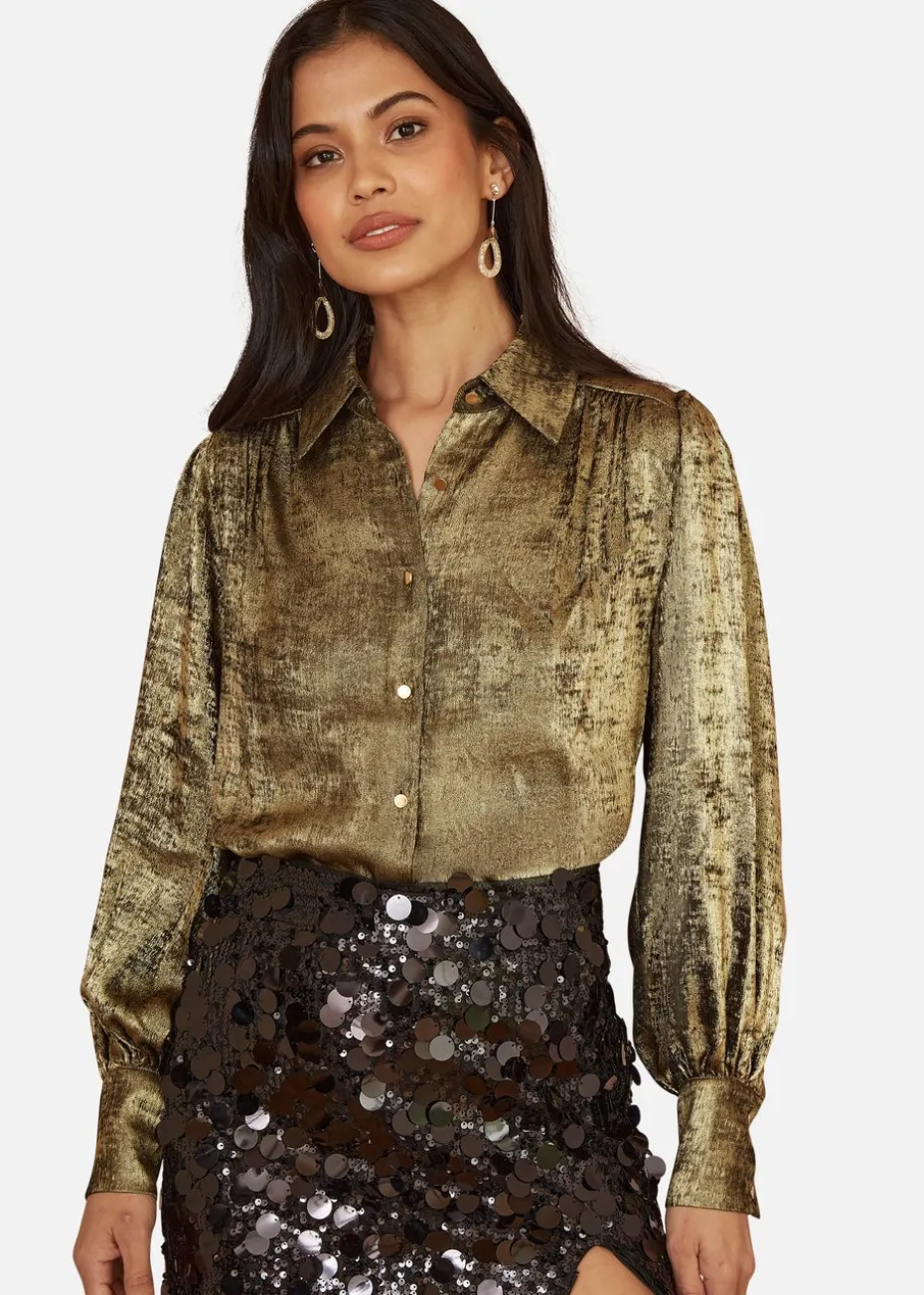 Yumi Gold Metallic Relaxed Balloon Sleeve Shirt