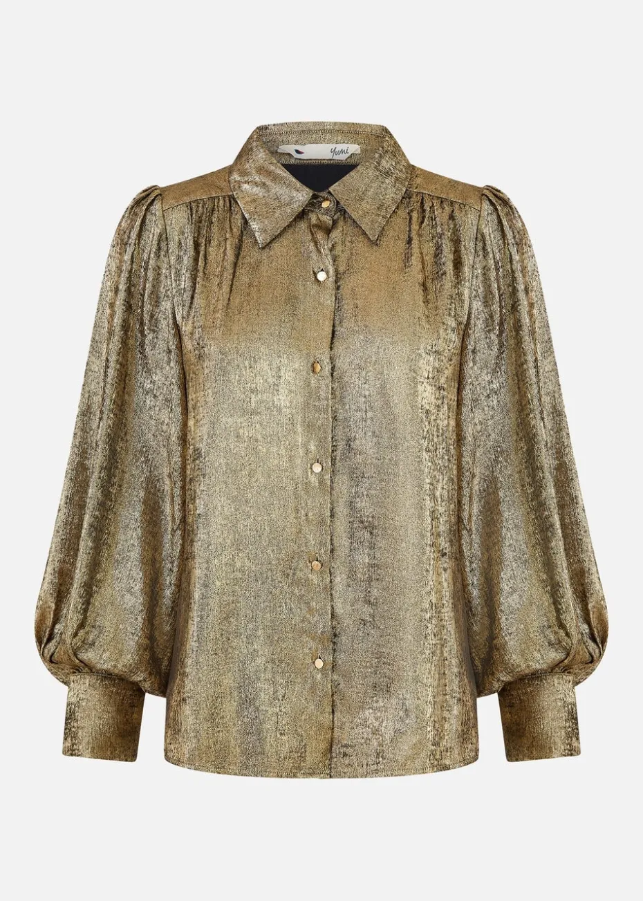 Yumi Gold Metallic Relaxed Balloon Sleeve Shirt