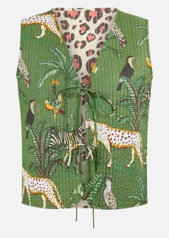 Yumi Green Animal Reversible Cotton Quilted Waistcoat