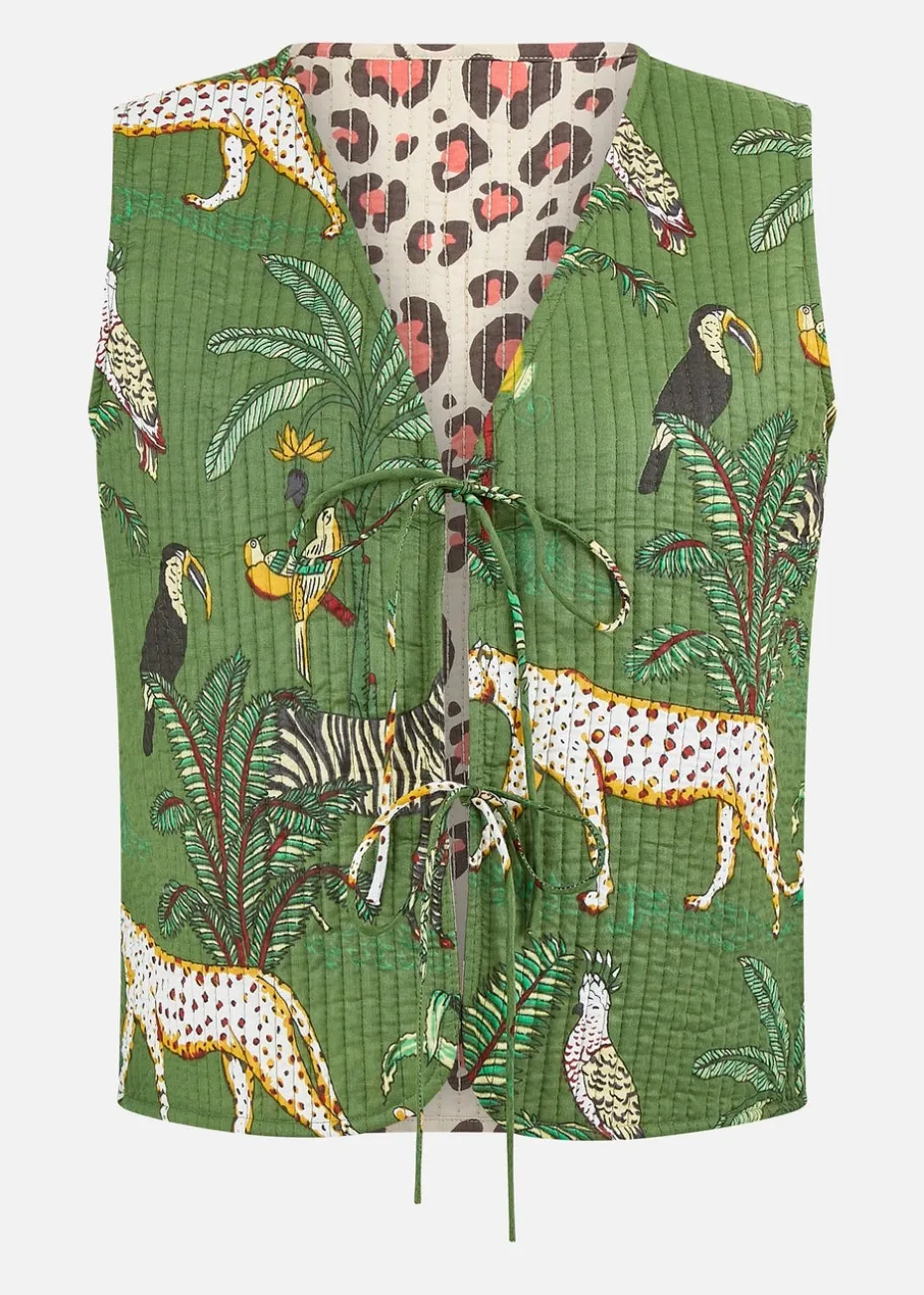 Yumi Green Animal Reversible Cotton Quilted Waistcoat