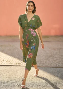 Yumi Green Bird and Floral Print Ruched Waist Kimono Midi Dress
