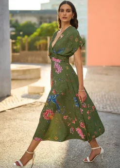 Yumi Green Bird and Floral Print Ruched Waist Kimono Midi Dress