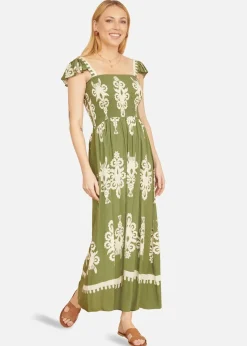 Yumi Green Block Print Ruched Maxi Dress