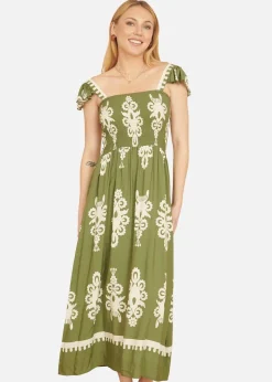 Yumi Green Block Print Ruched Maxi Dress
