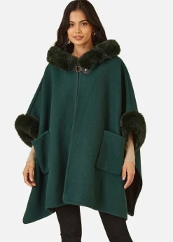 Yumi Green Cape With Luxe Fur Trim And Lining