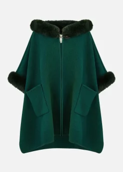 Yumi Green Cape With Luxe Fur Trim And Lining