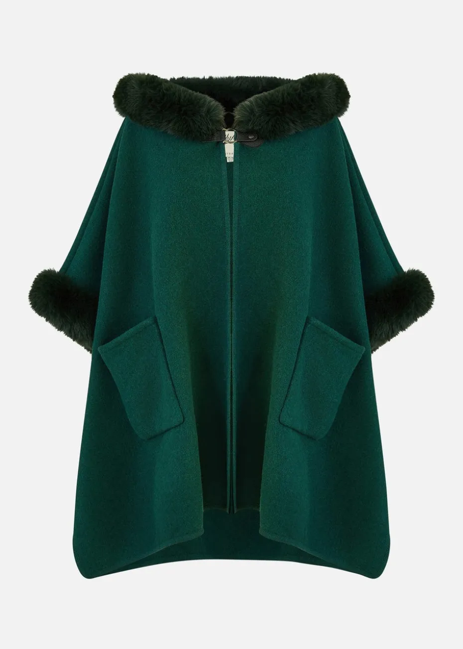 Yumi Green Cape With Luxe Fur Trim And Lining