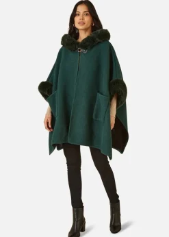 Yumi Green Cape With Luxe Fur Trim And Lining