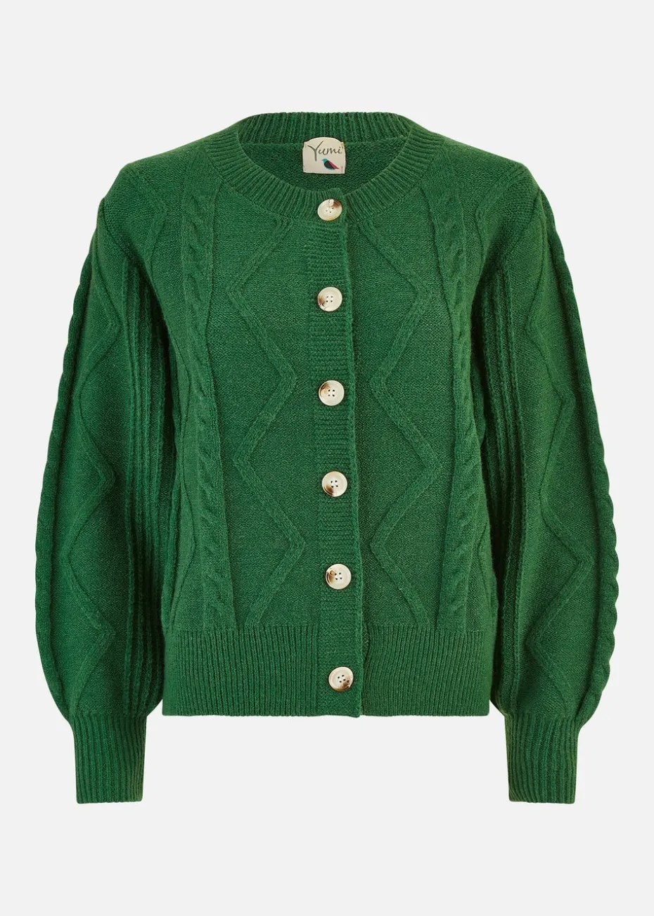 Yumi Green Chunky Cable Knit Cardigan