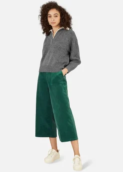 Yumi Green Cord Cropped Wide Leg Trousers With Pockets