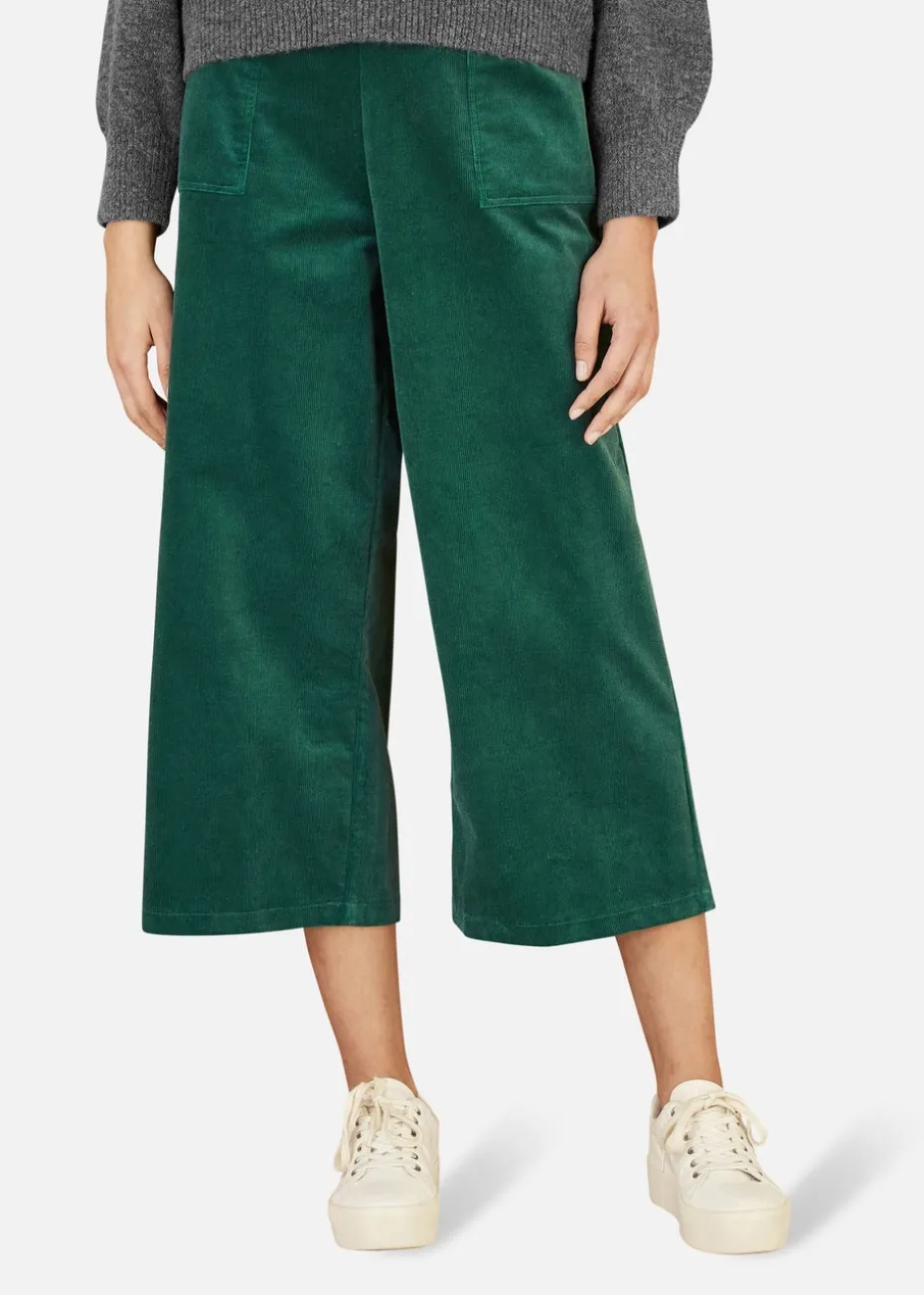 Yumi Green Cord Cropped Wide Leg Trousers With Pockets