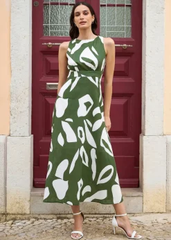 Yumi Green Cotton Abstract Print Maxi Dress With Tie Back