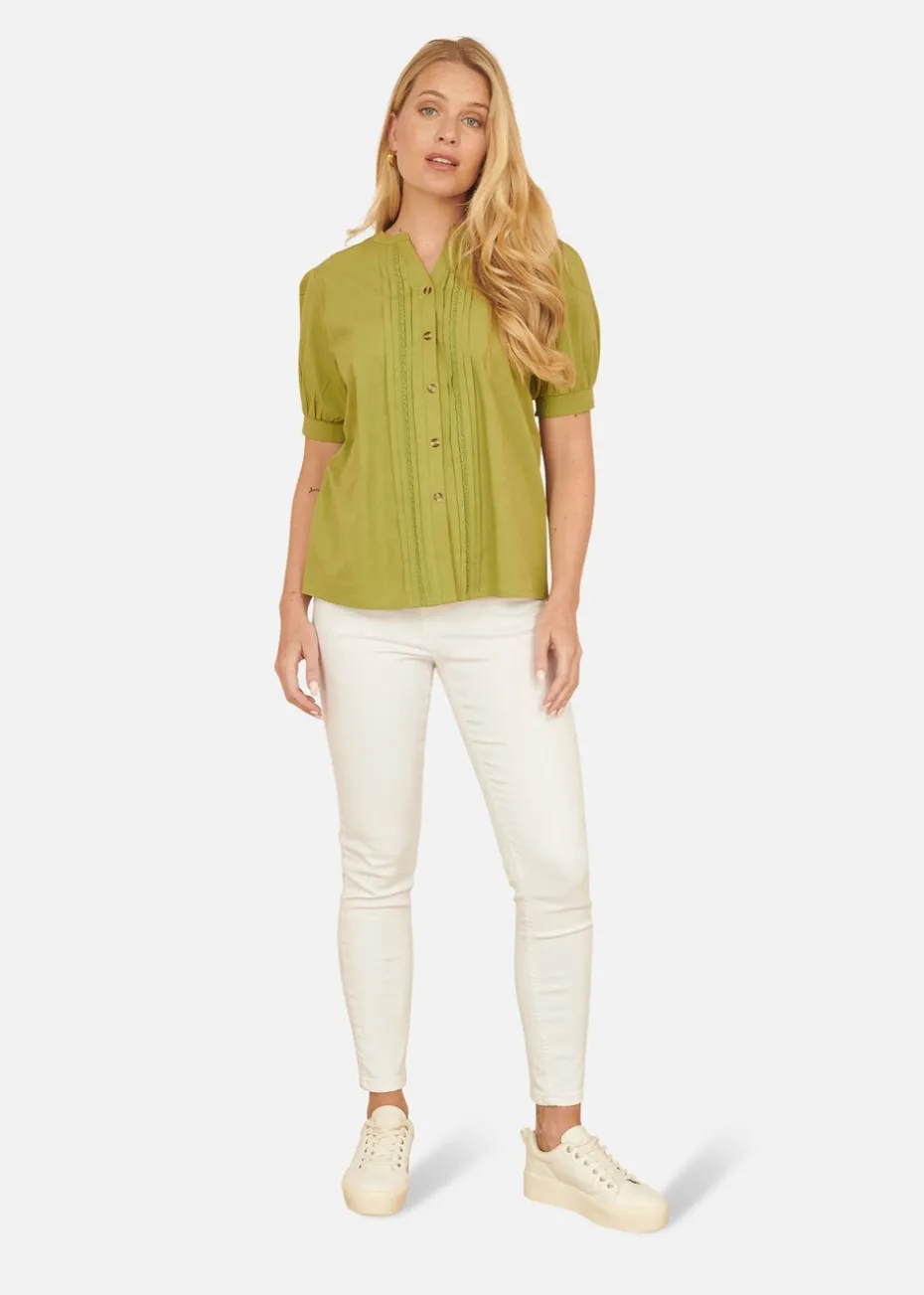 Yumi Green Cotton Pleated Short Sleeve Shirt