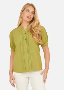 Yumi Green Cotton Pleated Short Sleeve Shirt
