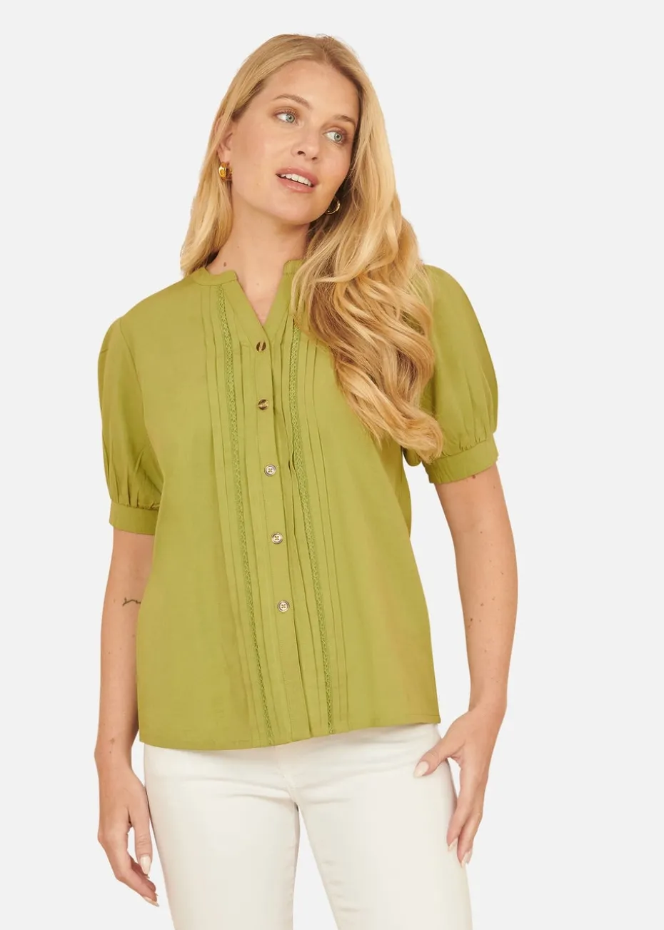 Yumi Green Cotton Pleated Short Sleeve Shirt