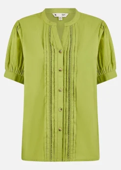 Yumi Green Cotton Pleated Short Sleeve Shirt