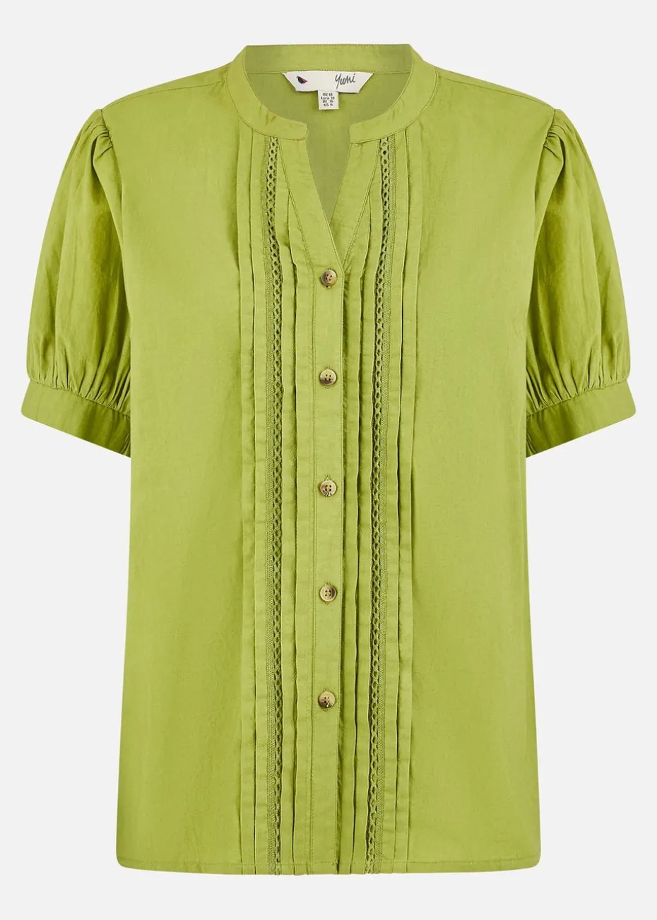 Yumi Green Cotton Pleated Short Sleeve Shirt