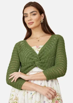Yumi Green Crochet Cotton Twisted Bolero Top