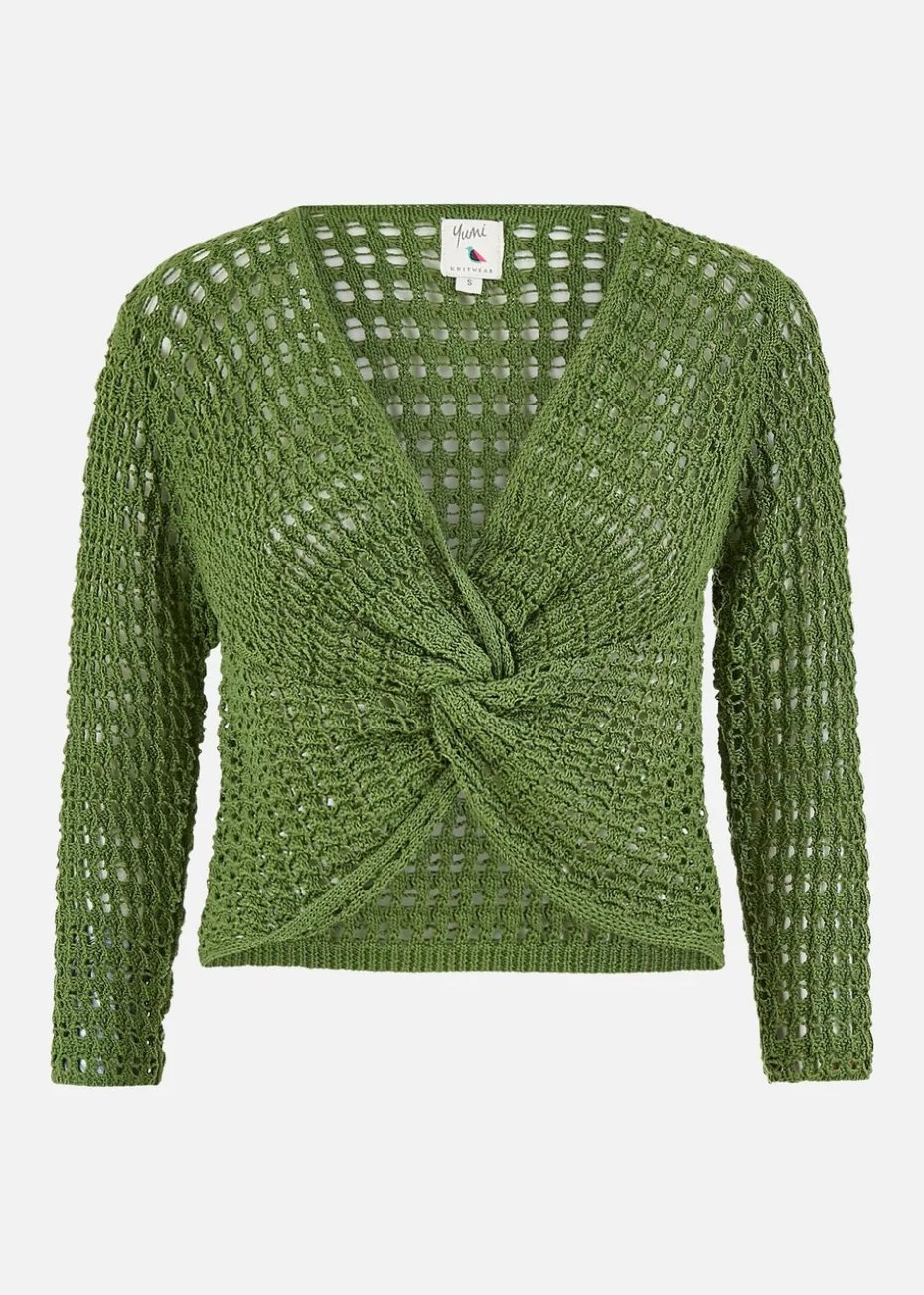 Yumi Green Crochet Cotton Twisted Bolero Top