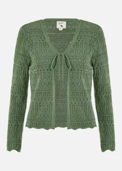 Yumi Green Crochet Tie Front Cardigan