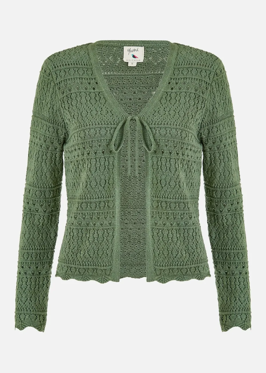 Yumi Green Crochet Tie Front Cardigan