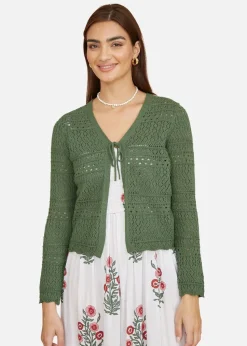 Yumi Green Crochet Tie Front Cardigan